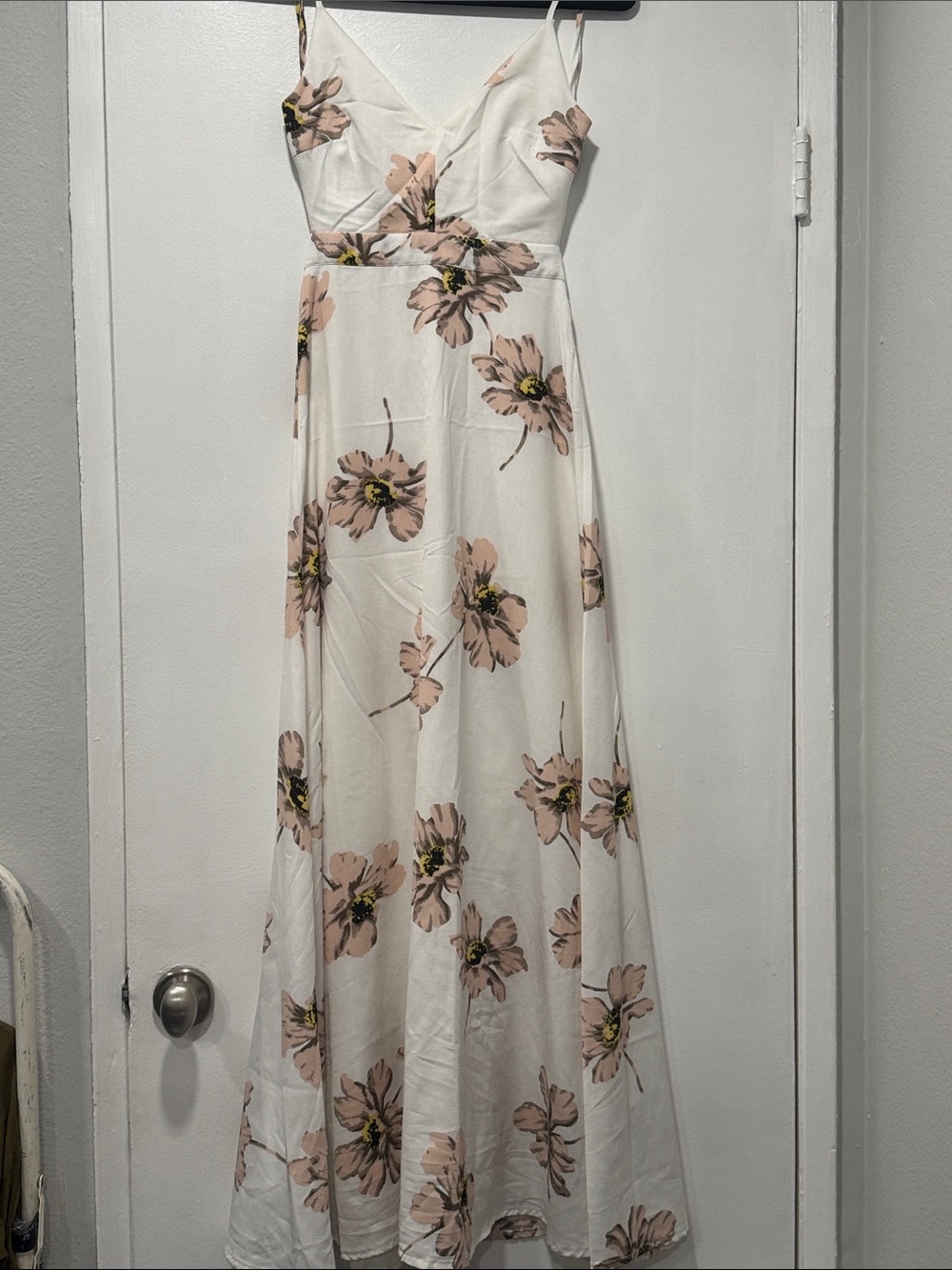 White Maxi Dress with Pink Floral Print and V-Neck